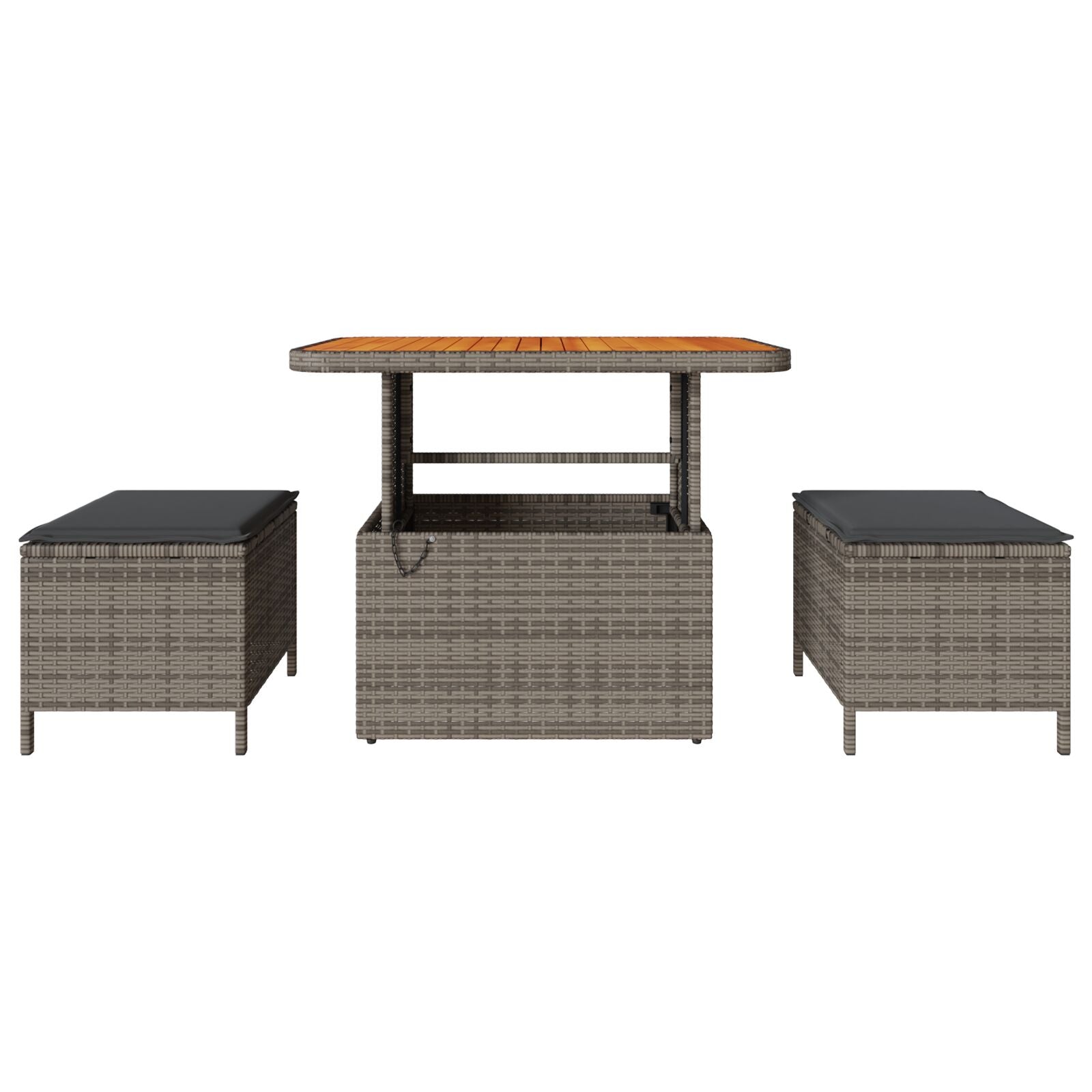3-Delige Tuin Eetset Met Kussens Poly Rattan Acacia 90 cm Grijs 2 krukken