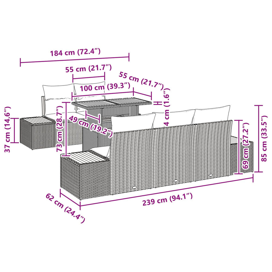 Tuin Sofa Set Set Van 6 Zwart, Bruin Rattan, Hout, Polyester