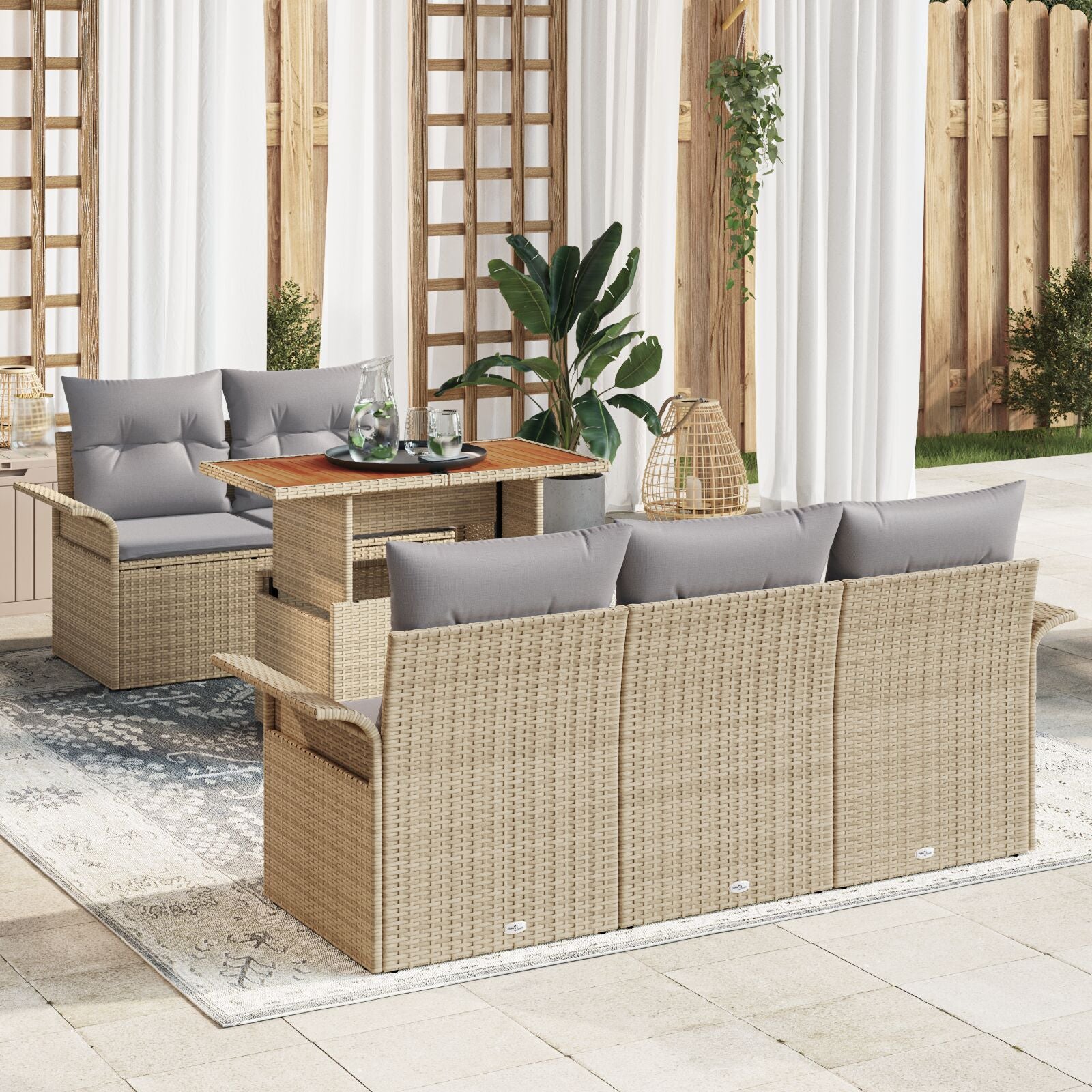 6-Delige Tuinsofa Set Met Kussens Beige Poly Rattan Acacia