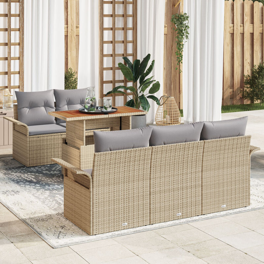 6-Delige Tuinsofa Set Met Kussens Beige Poly Rattan Acacia