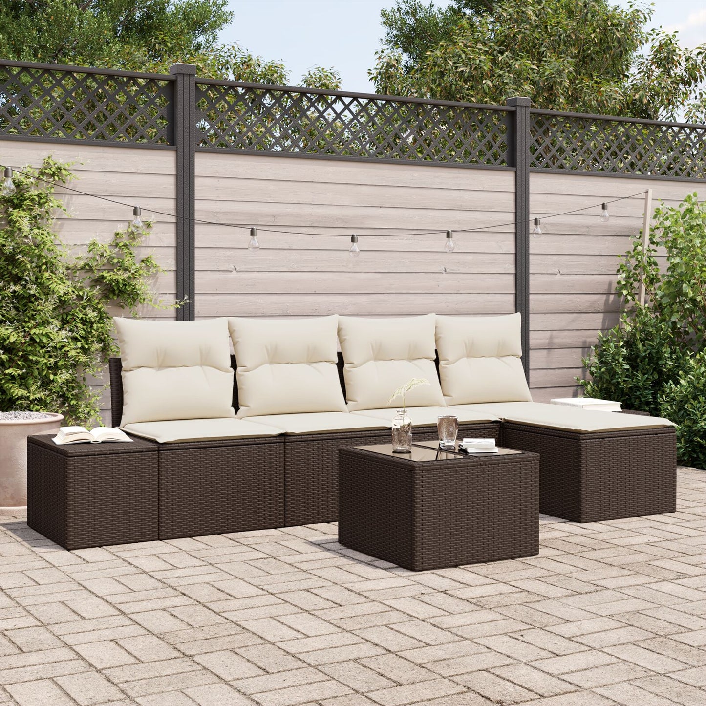 5-Delige Tuinbankset Met Kussens Grijs Poly Rattan Bruin en wit met tafel