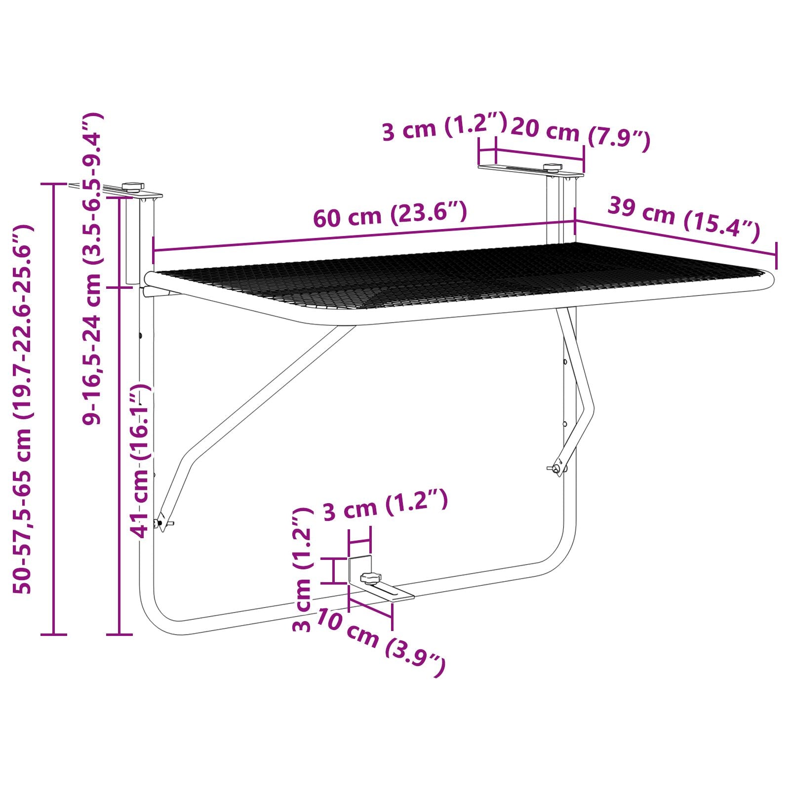 Vouwbare Hangende Balkontafel - , 60X40 Cm, Staal Mintgroen Gaasontwerp