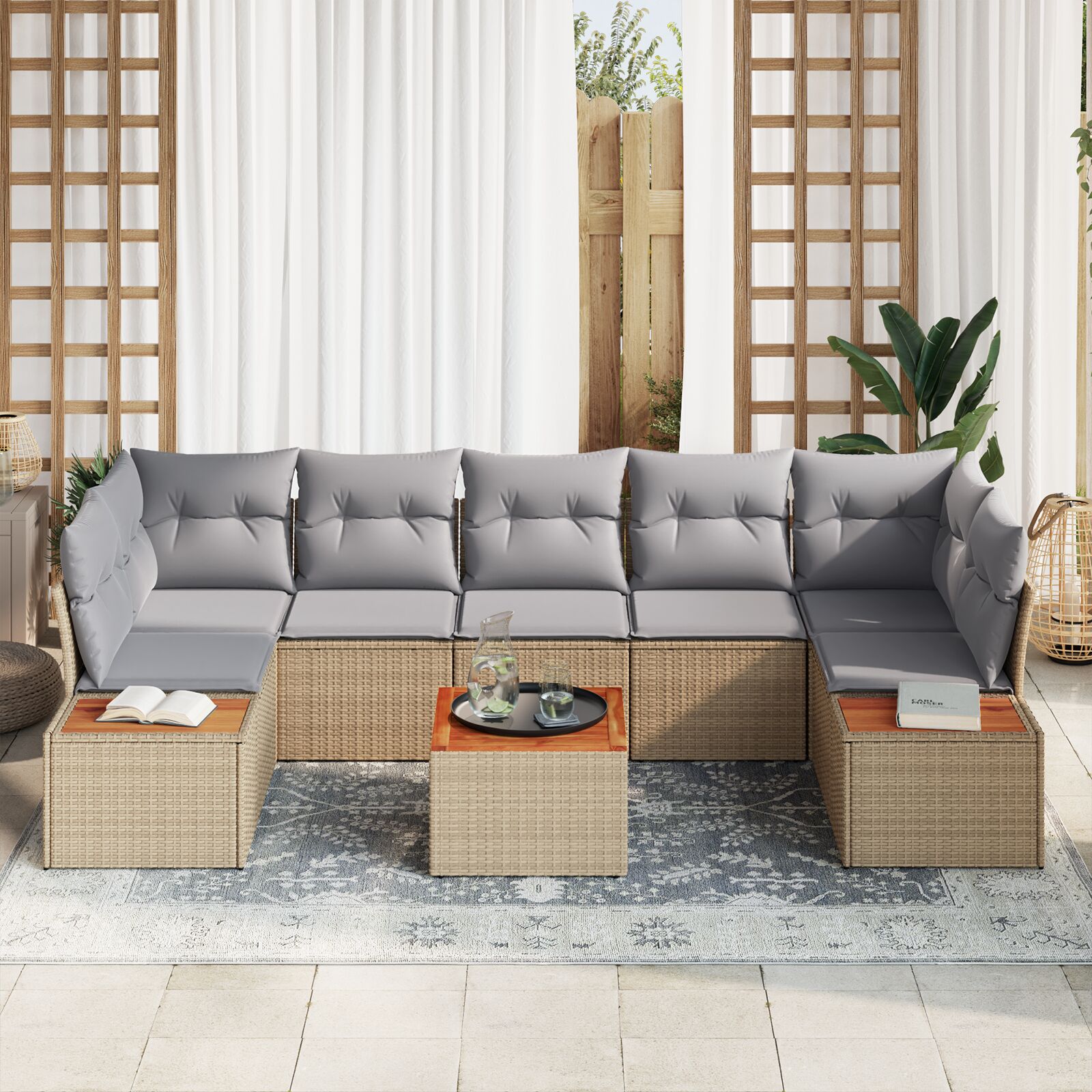 8 Delen Tuin Sofa Set Met Kussens Beige Poly Rattan Acacia