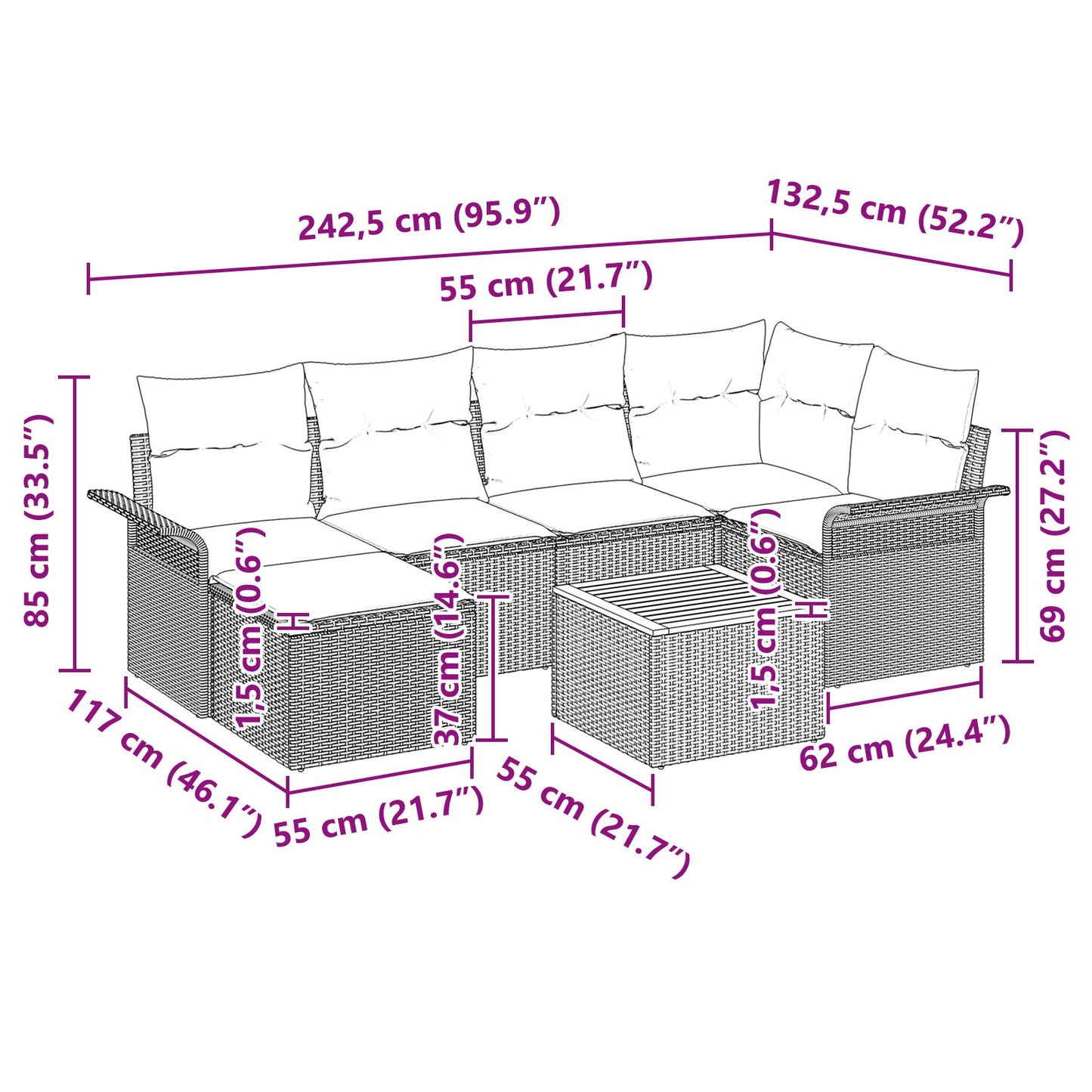 7-Delig Tuin Sofa Set Met Kussens Zwart Poly Rattan Acacia