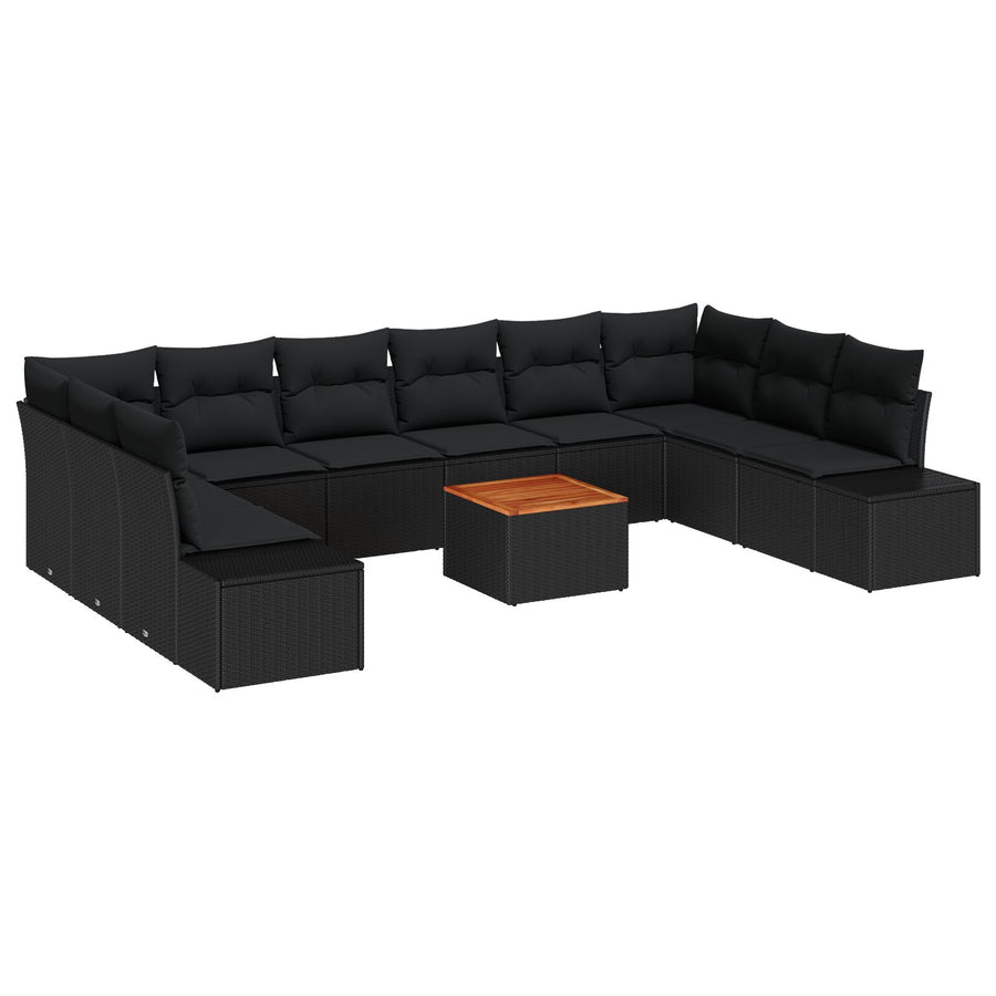 11-Delige Tuin Sofa Set Met Kussens Zwart Poly Riet Acacia