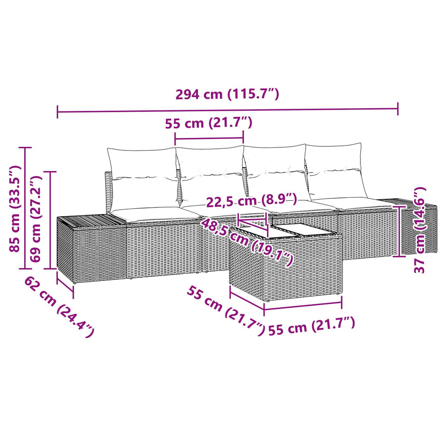 5-Delige Tuinbankset Met Kussens Lichtgrijze Poly Rattan