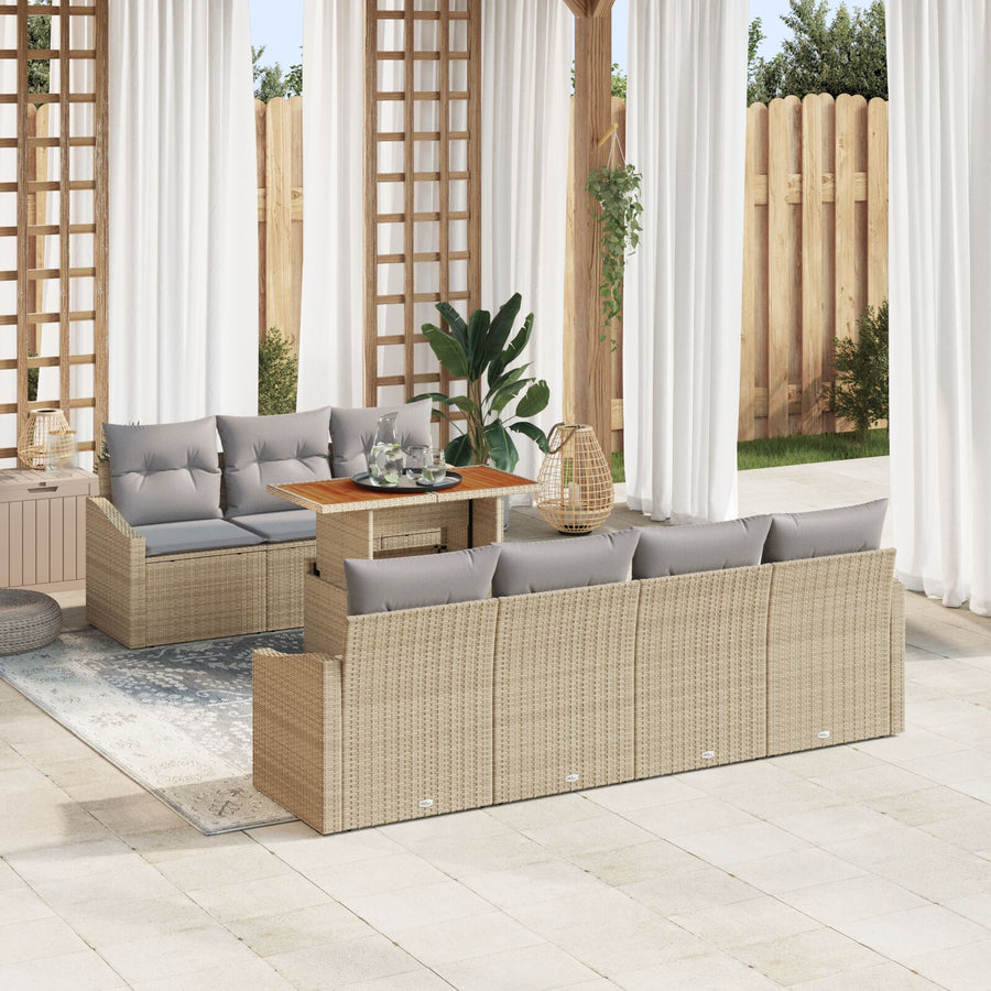 8-Delige Tuin Eettafelset Met Kussens Beige Poly Rattan Acacia