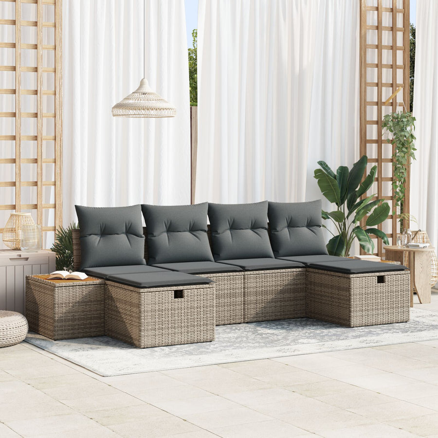 6-Delig Tuinbankstel Met Kussens Grijs Poly Rattan
