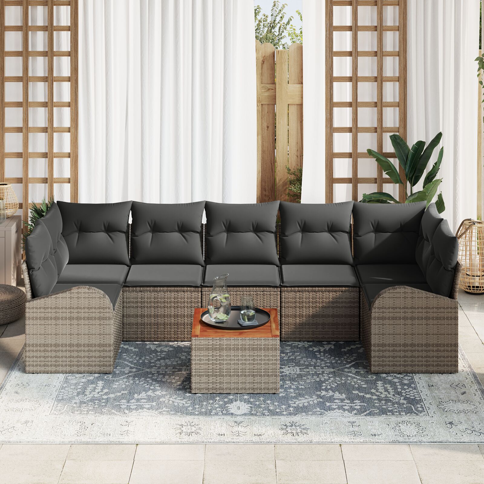 8-Delige Tuinmeubelset Met Kussens Grijs Poly Rattan Acacia