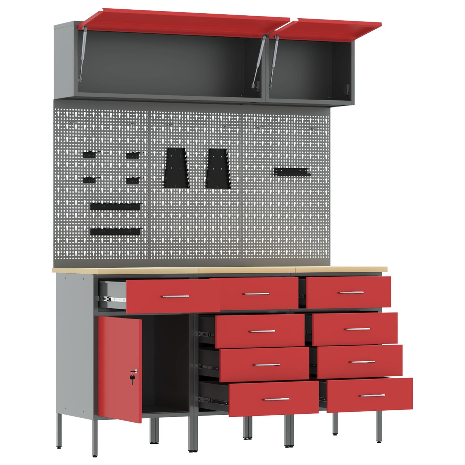 8-Delige Werkbank Set Staal 3x (84/85/85 cm) Rood 3x kast + 3x pegboard + 2x kast met deur