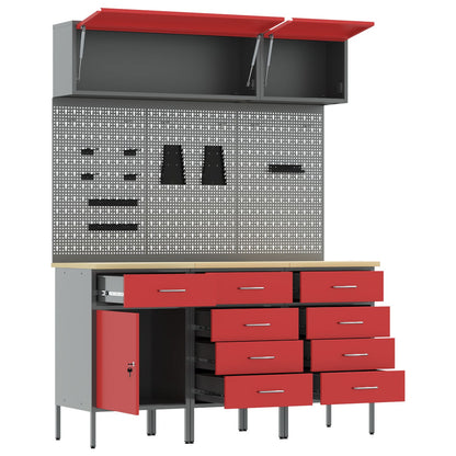 8-Delige Werkbank Set Staal 3x (84/85/85 cm) Rood 3x kast + 3x pegboard + 2x kast met deur