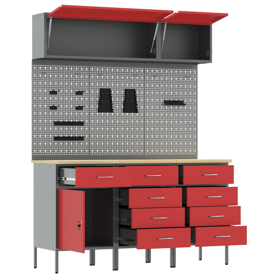 8-Delige Werkbank Set Staal 3x (84/85/85 cm) Rood 3x kast + 3x pegboard + 2x kast met deur