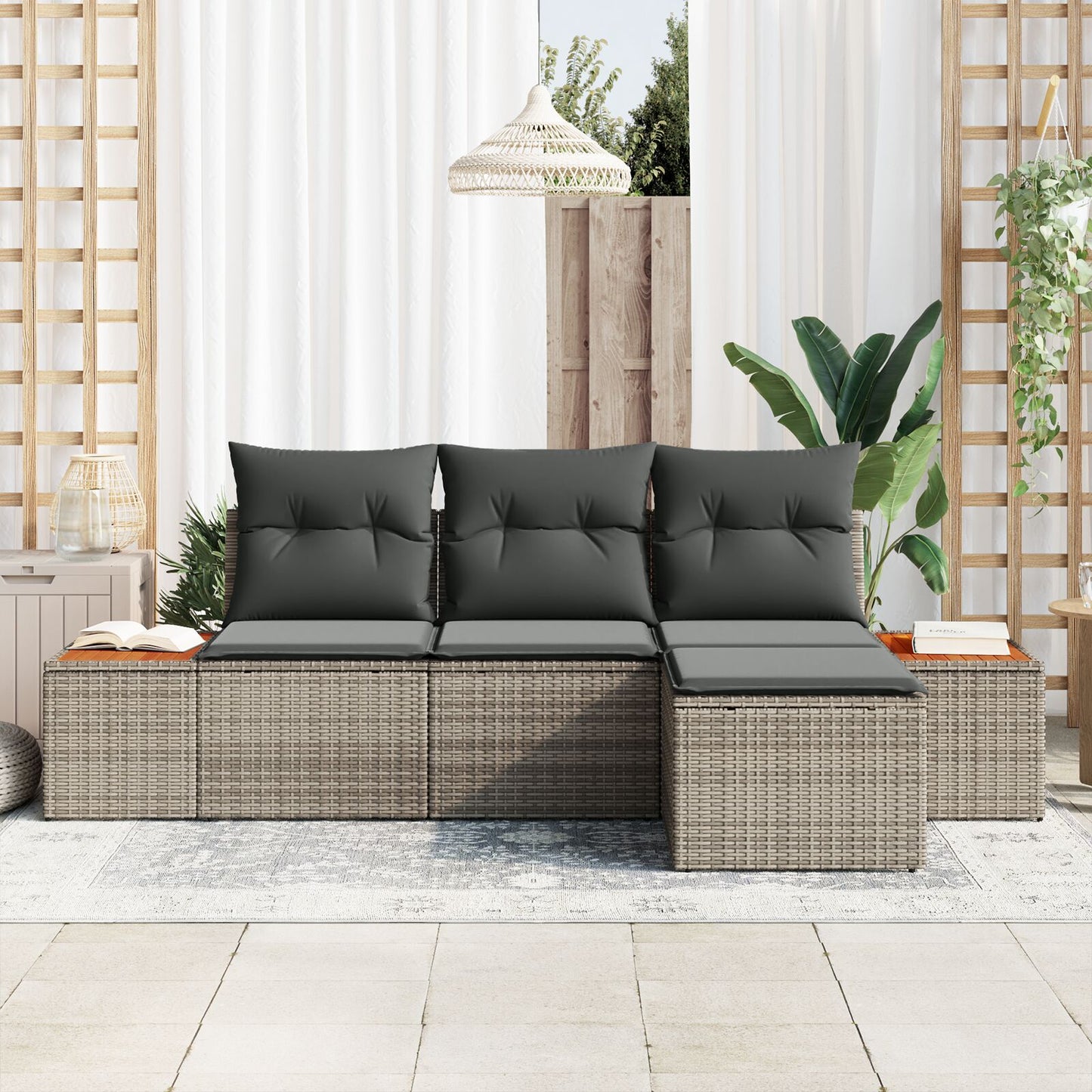 4-Delige Tuinsocak Set Met Kussens Grijs Poly Riet Acacia