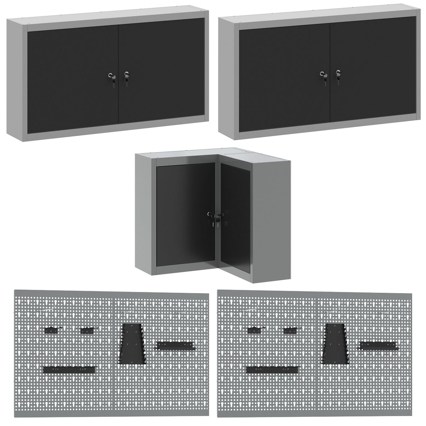 12-Delige Werkbank En Pegboard Set Mdf En Metaal 4x (2x84/2x85 cm) Zwart Tafel + 7x kast + 4x pegboard