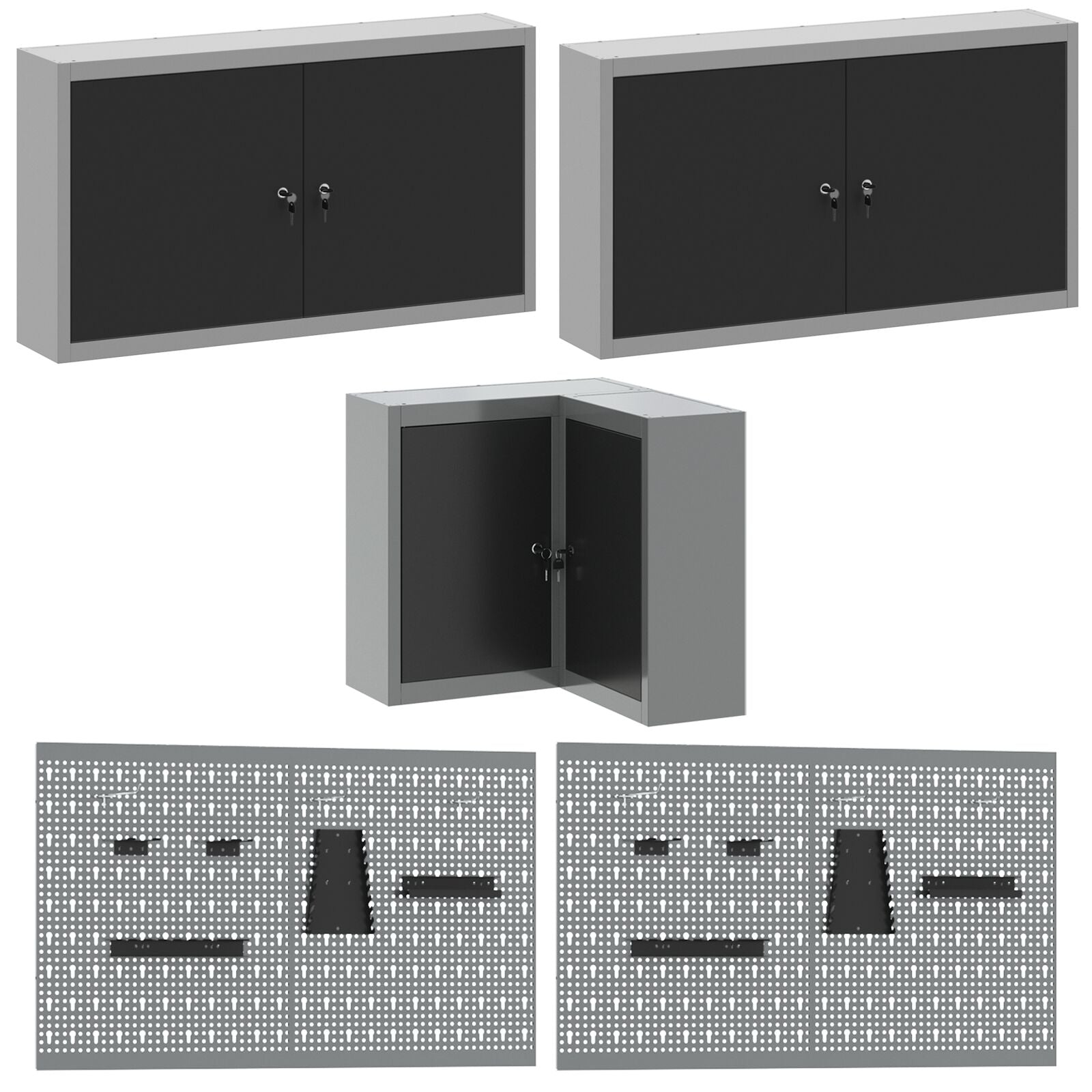 12-Delige Werkbank En Pegboard Set Mdf En Metaal 4x (2x84/2x85 cm) Zwart Tafel + 7x kast + 4x pegboard