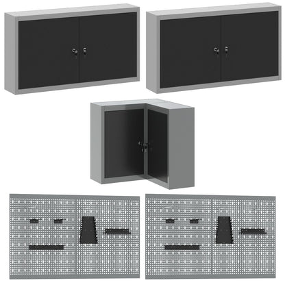 12-Delige Werkbank En Pegboard Set Mdf En Metaal 4x (2x84/2x85 cm) Zwart Tafel + 7x kast + 4x pegboard