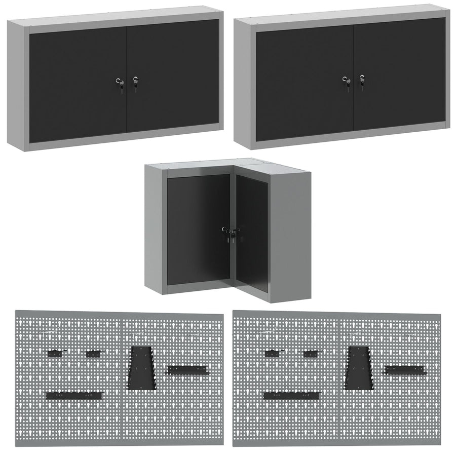 12-Delige Werkbank En Pegboard Set Mdf En Metaal 4x (2x84/2x85 cm) Zwart Tafel + 7x kast + 4x pegboard