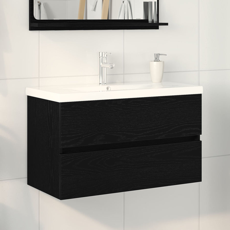 Wastafelkast Met Ingebouwde Wastafel Zwart Eiken Engineered Hout,  Wastafelkast Zwart Eiken 80X38.5X45 Cm Engineered Hout