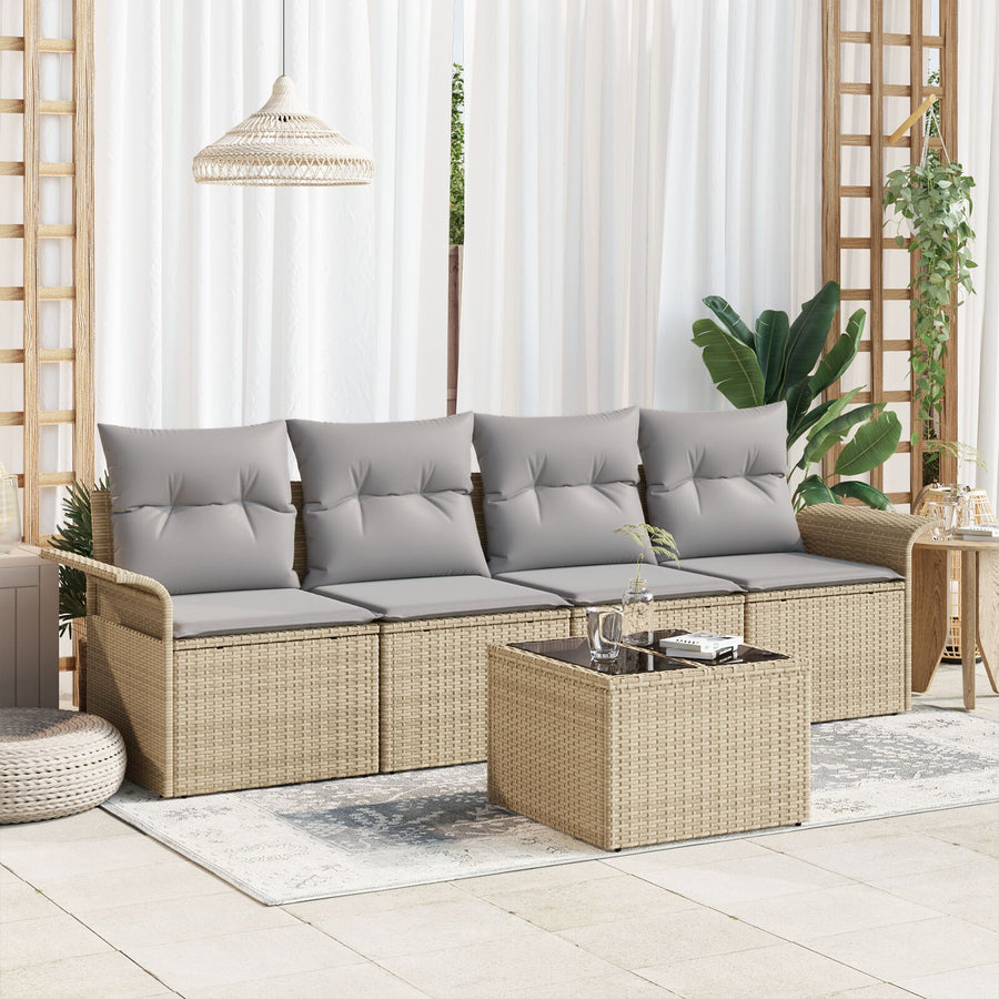 5-Delige Tuinbank Set Met Kussens Beige Poly Rattan