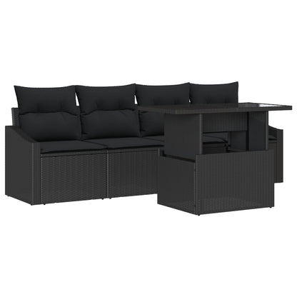 5-Delige Tuinbankset Met Kussen Zwart Poly Rattan