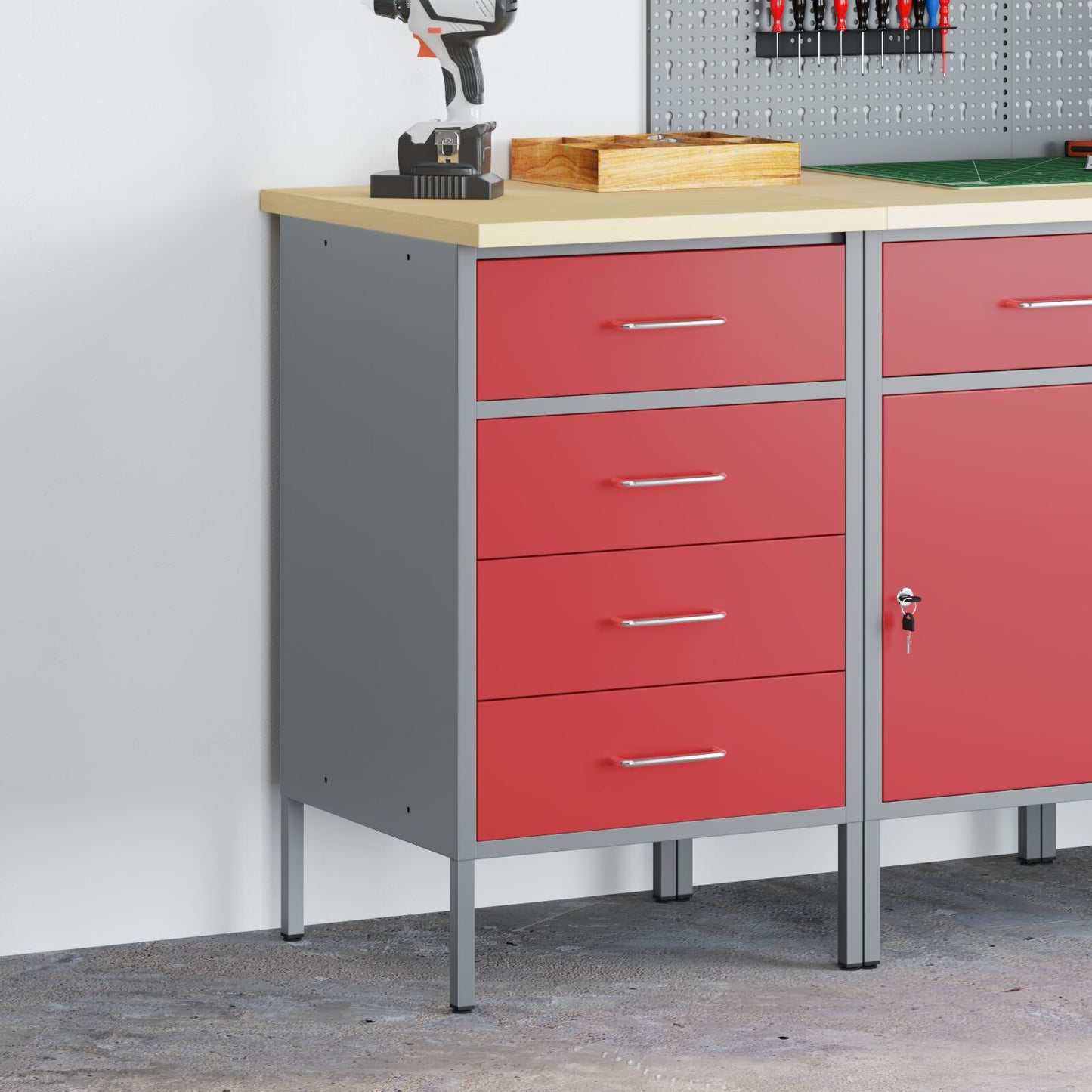 Werkkast 50X55X85 Cm Staal Rood en grijs Werkbank met 4 lades