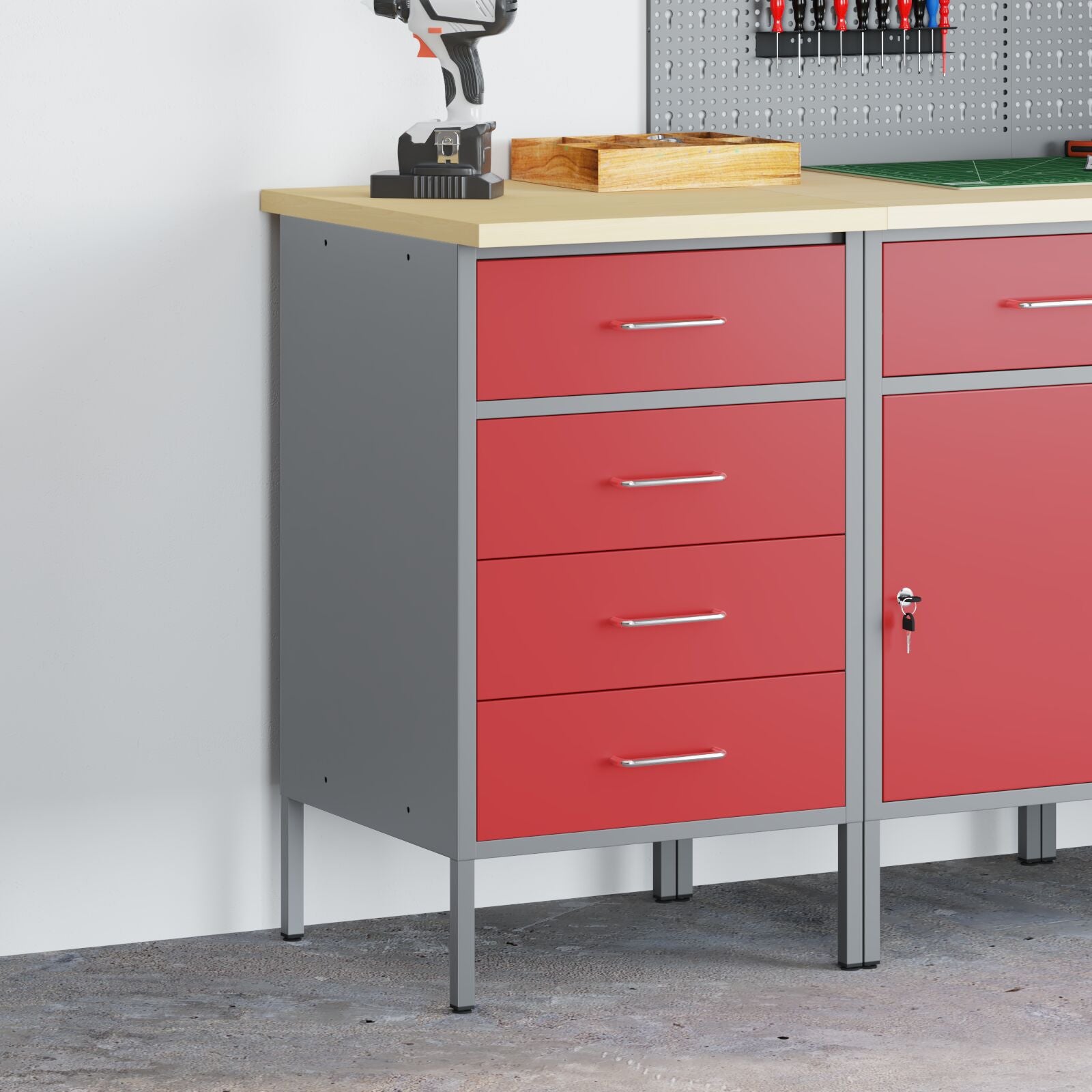 Werkkast 50X55X85 Cm Staal Rood en grijs Werkbank met 4 lades
