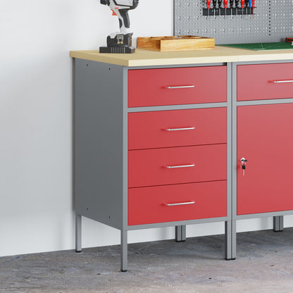 Werkkast 50X55X85 Cm Staal Rood en grijs Werkbank met 4 lades