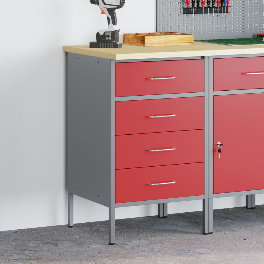 Werkkast 50X55X85 Cm Staal Rood en grijs Werkbank met 4 lades