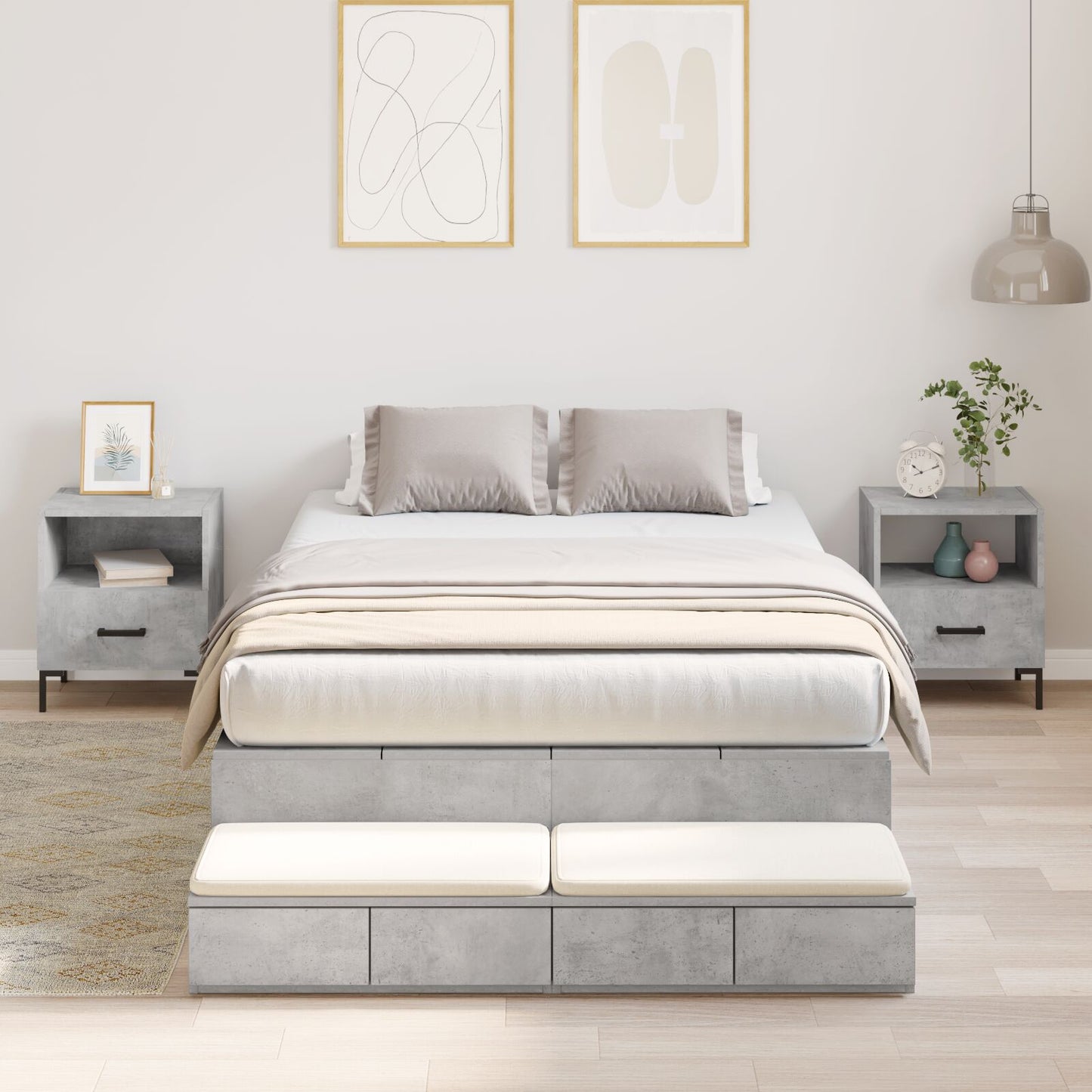 Opbergbedframe Beton Grijs Bewerkt Hout 120 X 190 Cm Artisanaal Eiken