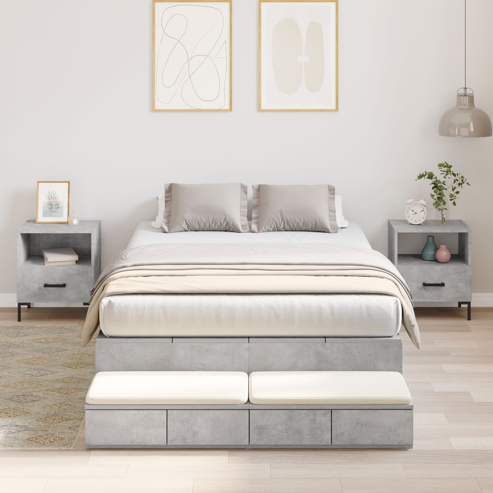 Opbergbedframe Beton Grijs Bewerkt Hout 120 X 190 Cm Artisanaal Eiken