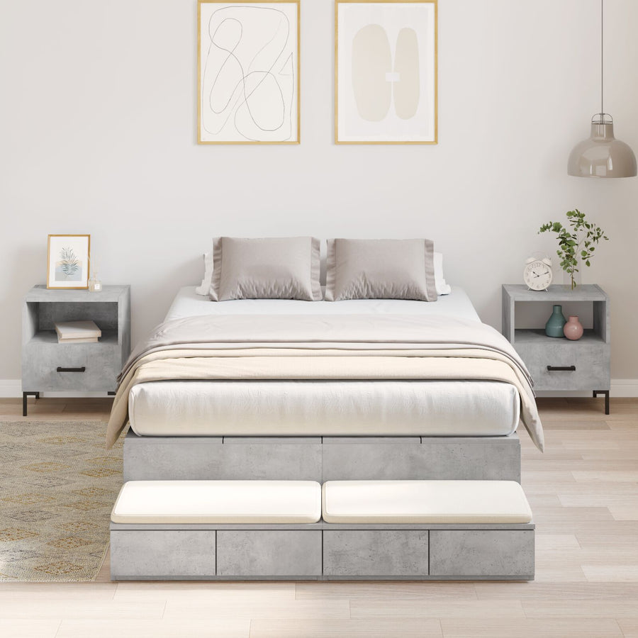 Opbergbedframe Beton Grijs Bewerkt Hout 120 X 190 Cm Artisanaal Eiken