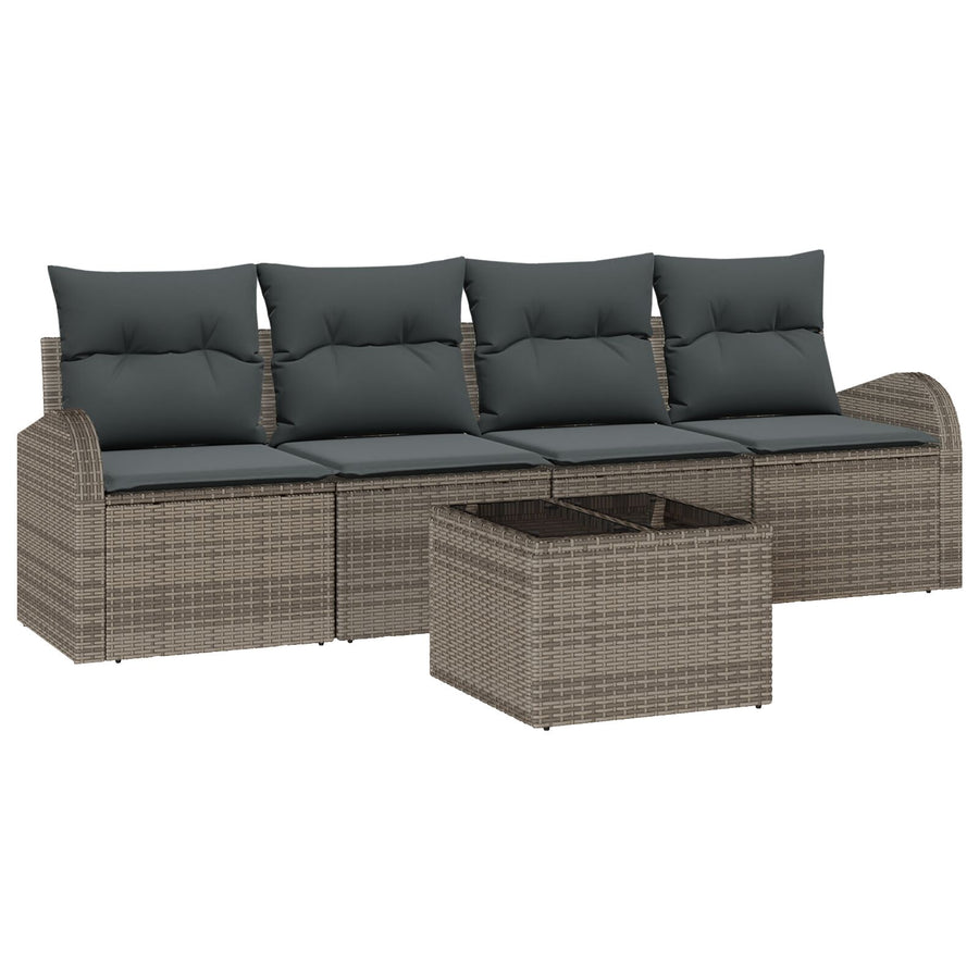 5-Delige Tuinbankenset Met Kussens Grijs Poly Rattan