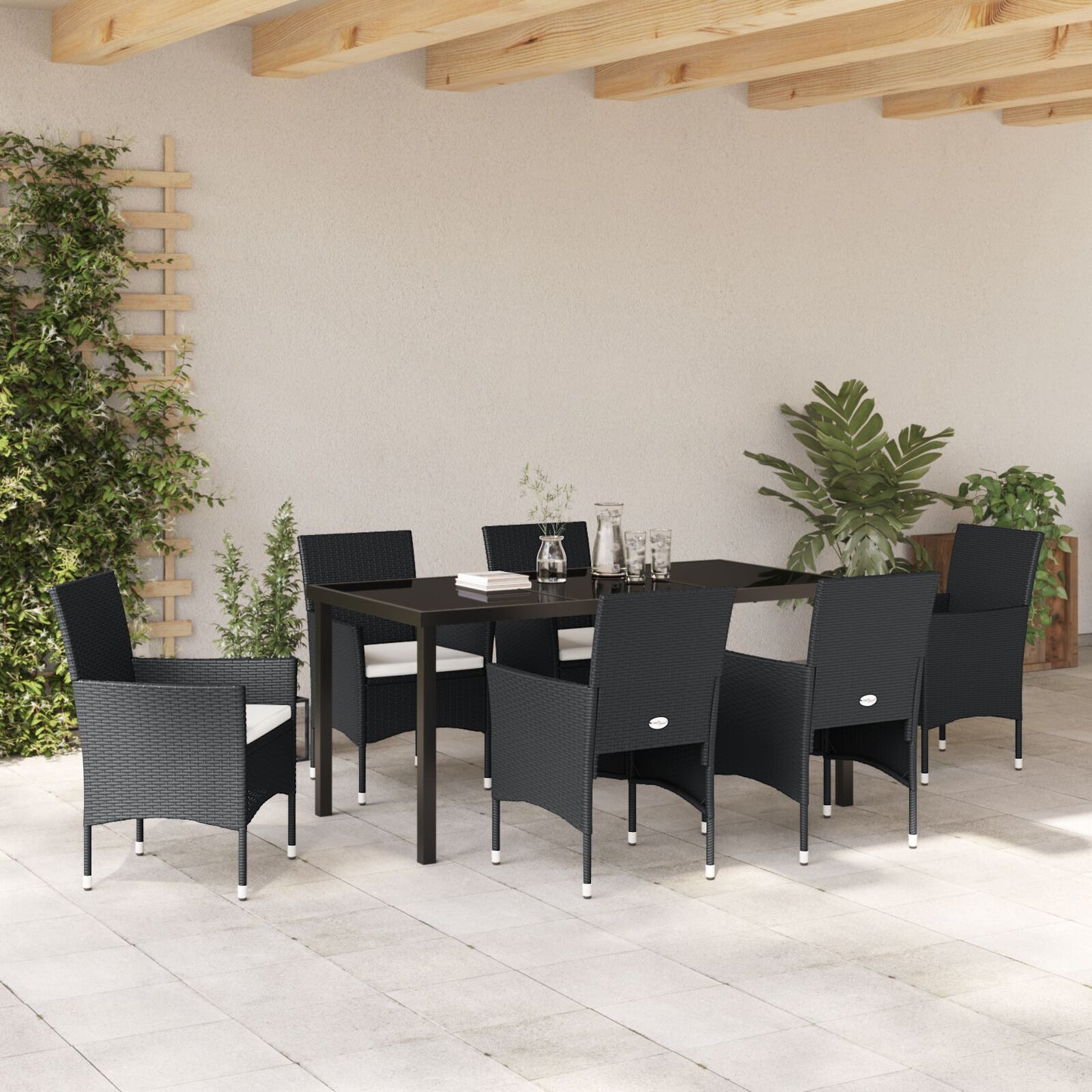 7-Delige Tuin Eetset Zwart Poly Riet
