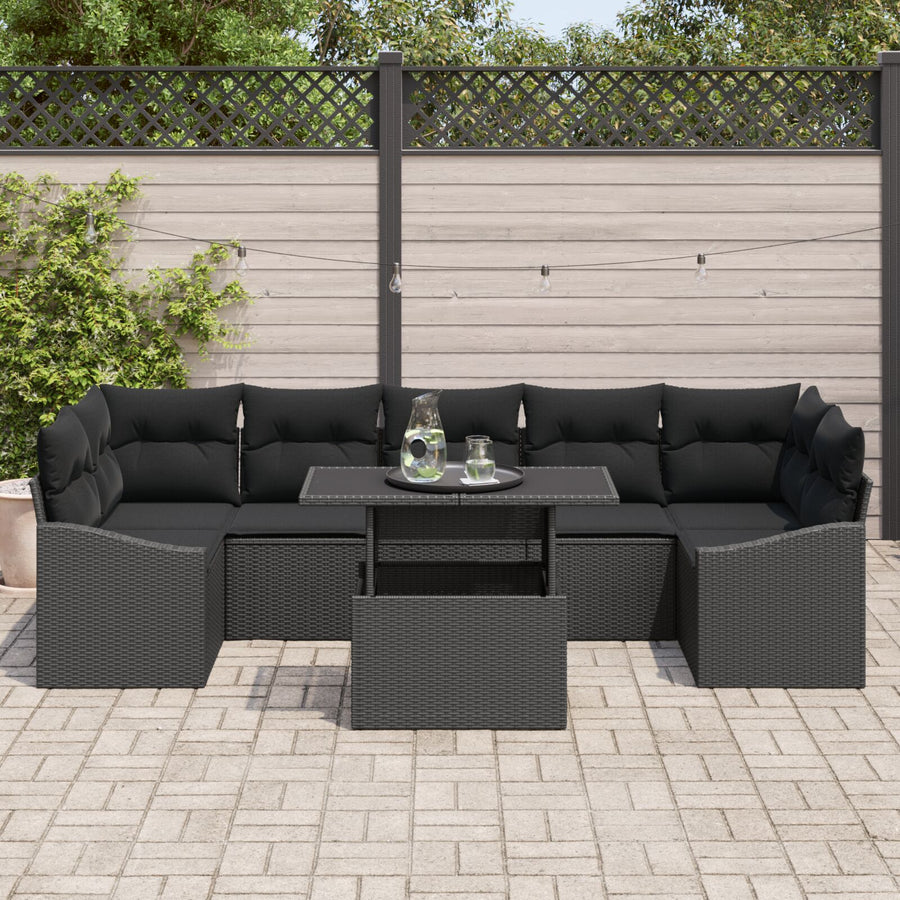 Tuinbank Set Set Van 8 Zwart Rattan En Polyester Buiten Tafel