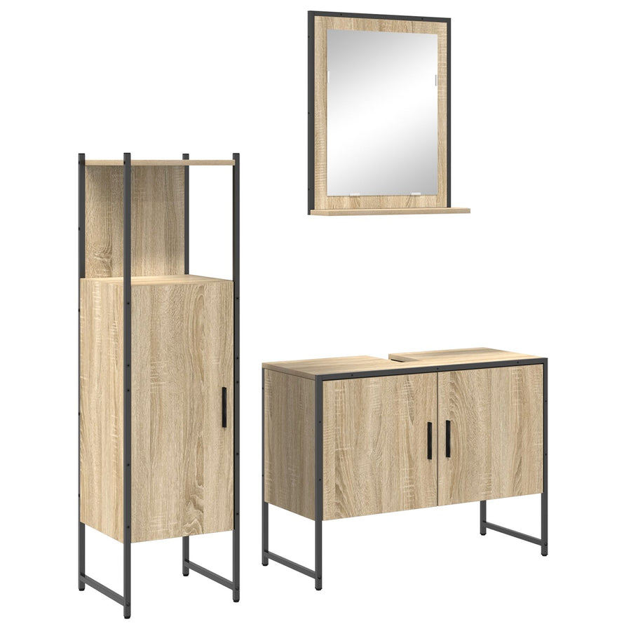 3-delige badkamermeubelset Sonoma eiken gefabriceerd hout, vidaXL badkamerspiegel met plank Sonoma eiken 50x12x60 cm gefabriceerd hout
