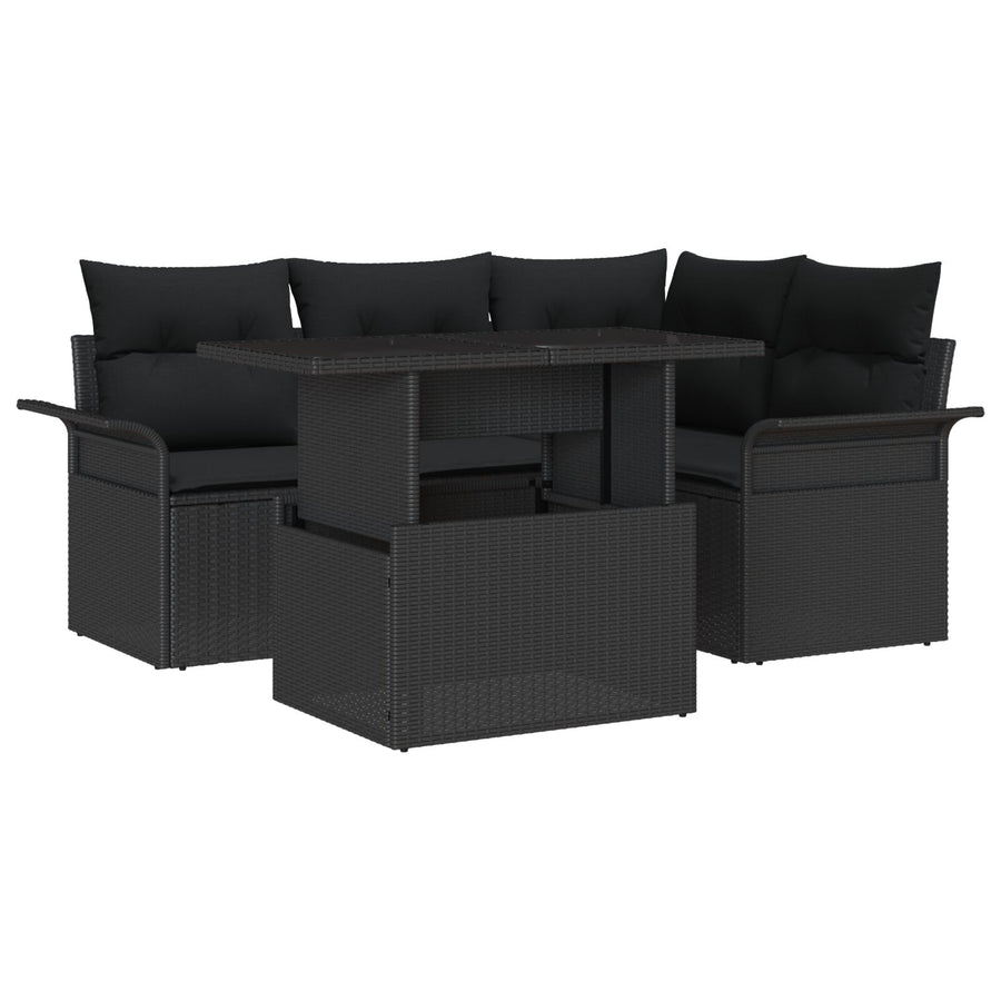 5-Delig Tuinbankstel Met Kussens Zwart Poly Rattan