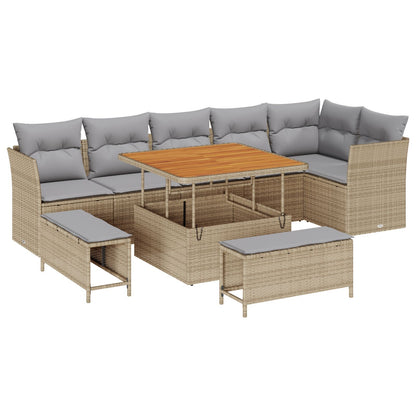 9-Delige Tuin Sofa Set Met Kussens Beige Poly Rattan Acacia, 3-Delige Tuin Eettafel Set Met Kussens Beige Poly Rattan Acacia Wit