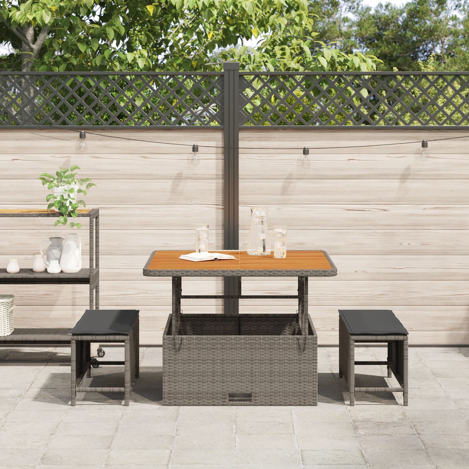 3-Delige Tuin Eetset Met Kussens Poly Rattan Acacia 100 cm Grijs 2 krukken
