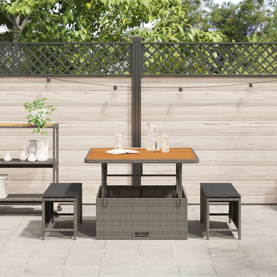 3-Delige Tuin Eetset Met Kussens Poly Rattan Acacia 100 cm Grijs 2 krukken