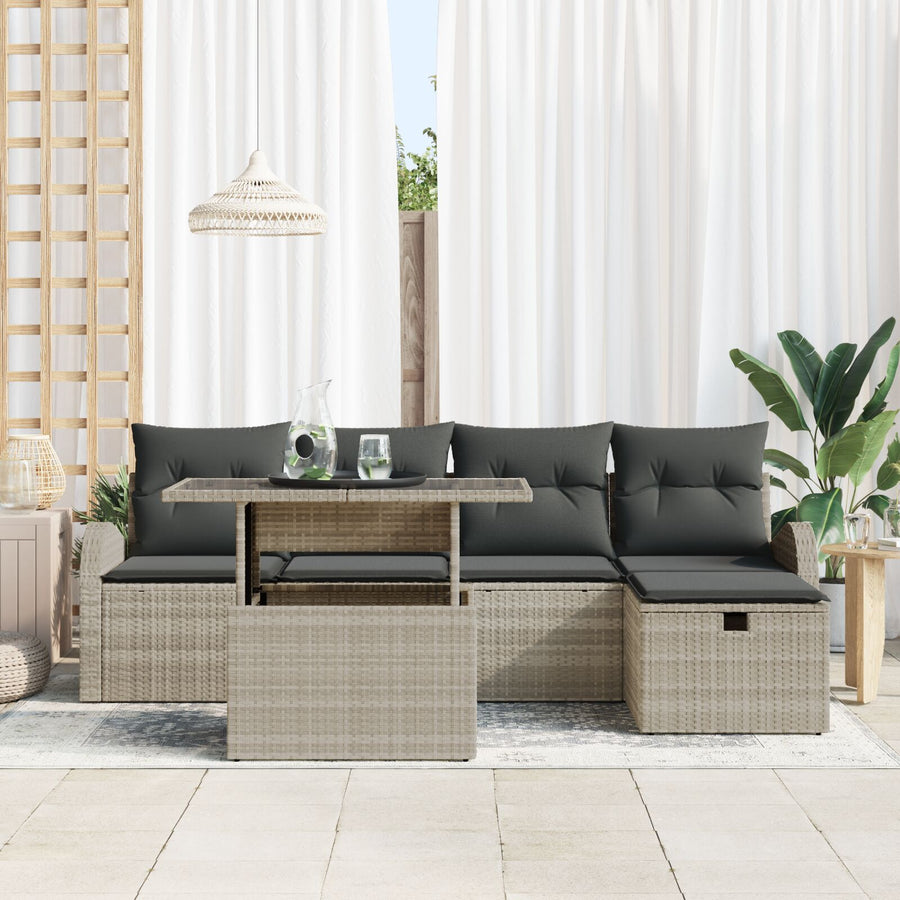 6-Delige Tuin Sofaset Met Kussens Lichtgrijs Poly Rattan
