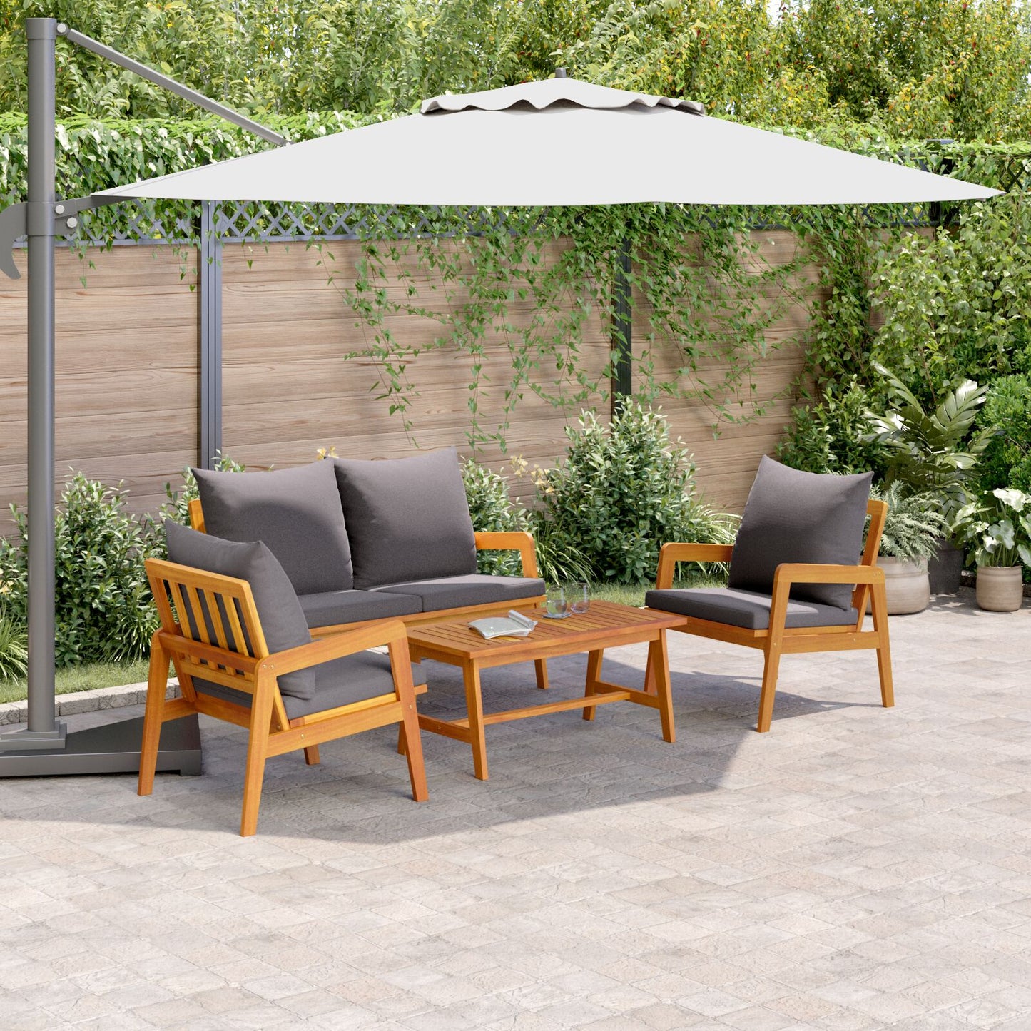 4-Delige Bistroset Met Kussens Van Massief Acaciahout Donkergrijs Bank + 2 stoelen + tafel