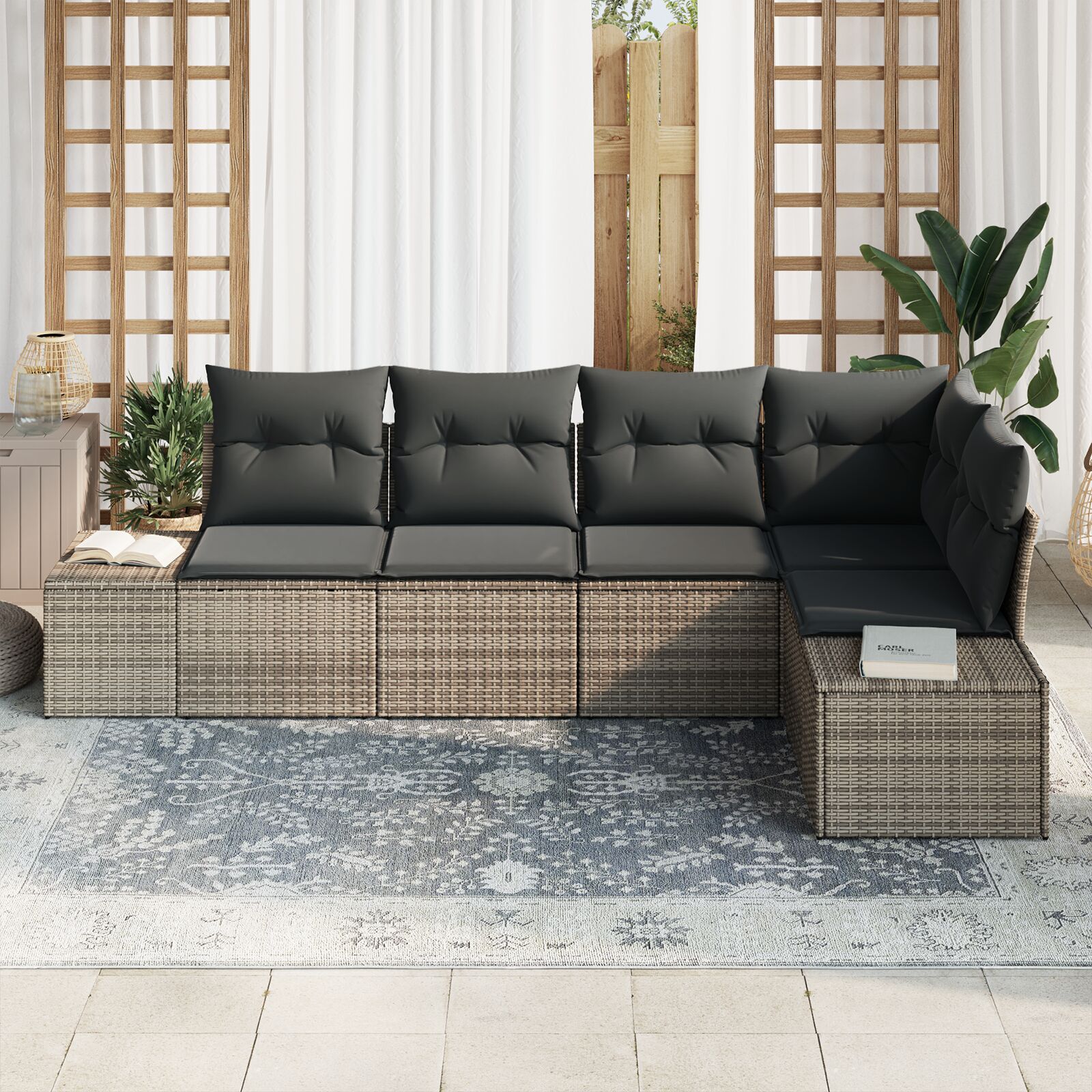 5-Delige Tuin Sofa Set Met Kussens Grijs Poly Rattan
