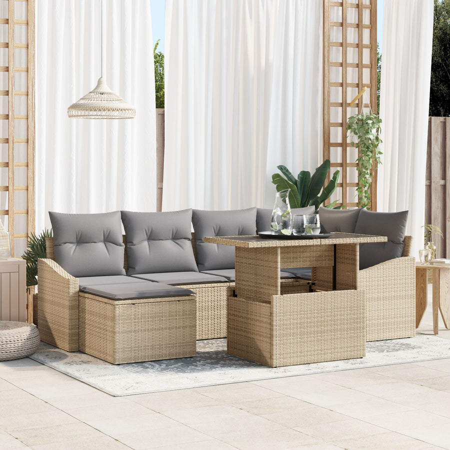 7-Delige Tuinsofa Set Met Kussens Beige Poly Rattan