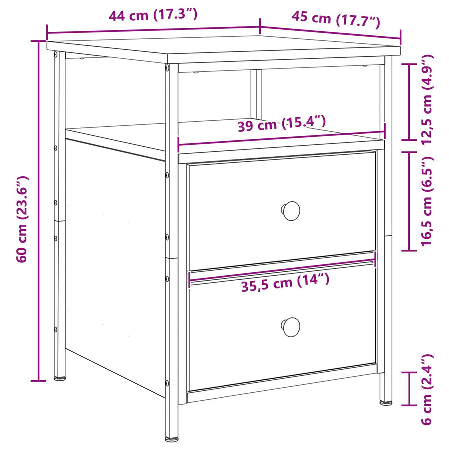 Nachtkastjes 2 Stuks Zwart Eiken 44X45X60 Cm Bewerkt Hout