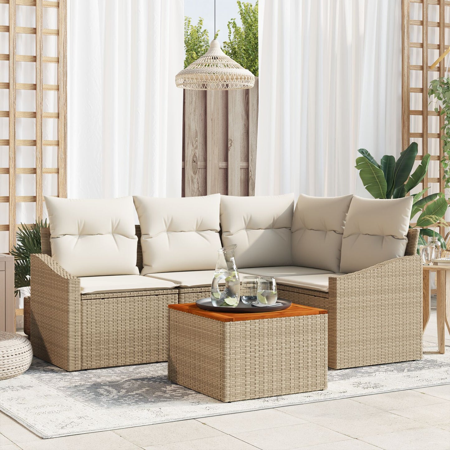 5-Delige Tuinbank Set Met Kussens Beige Poly Rattan Acacia