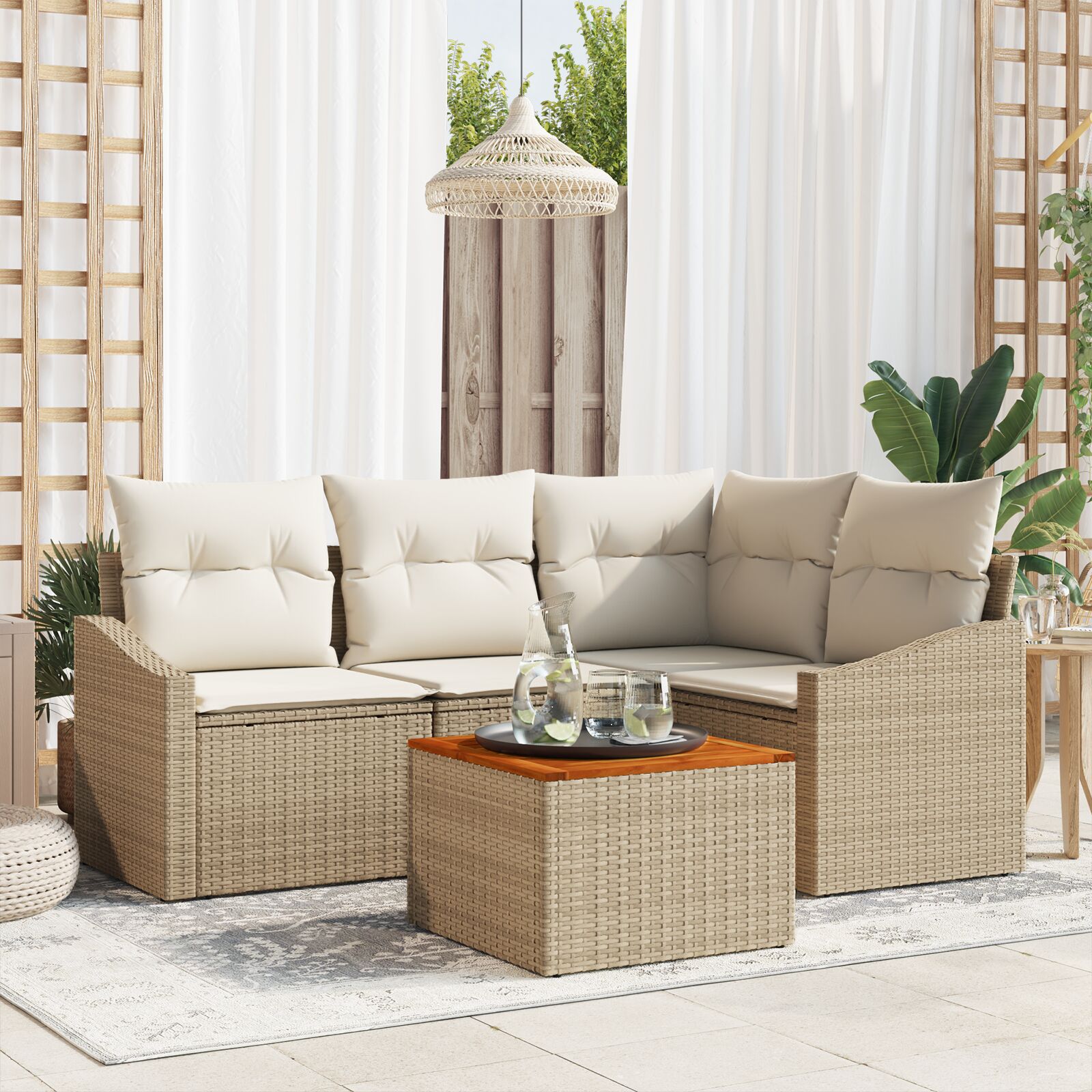 5-Delige Tuinbank Set Met Kussens Beige Poly Rattan Acacia