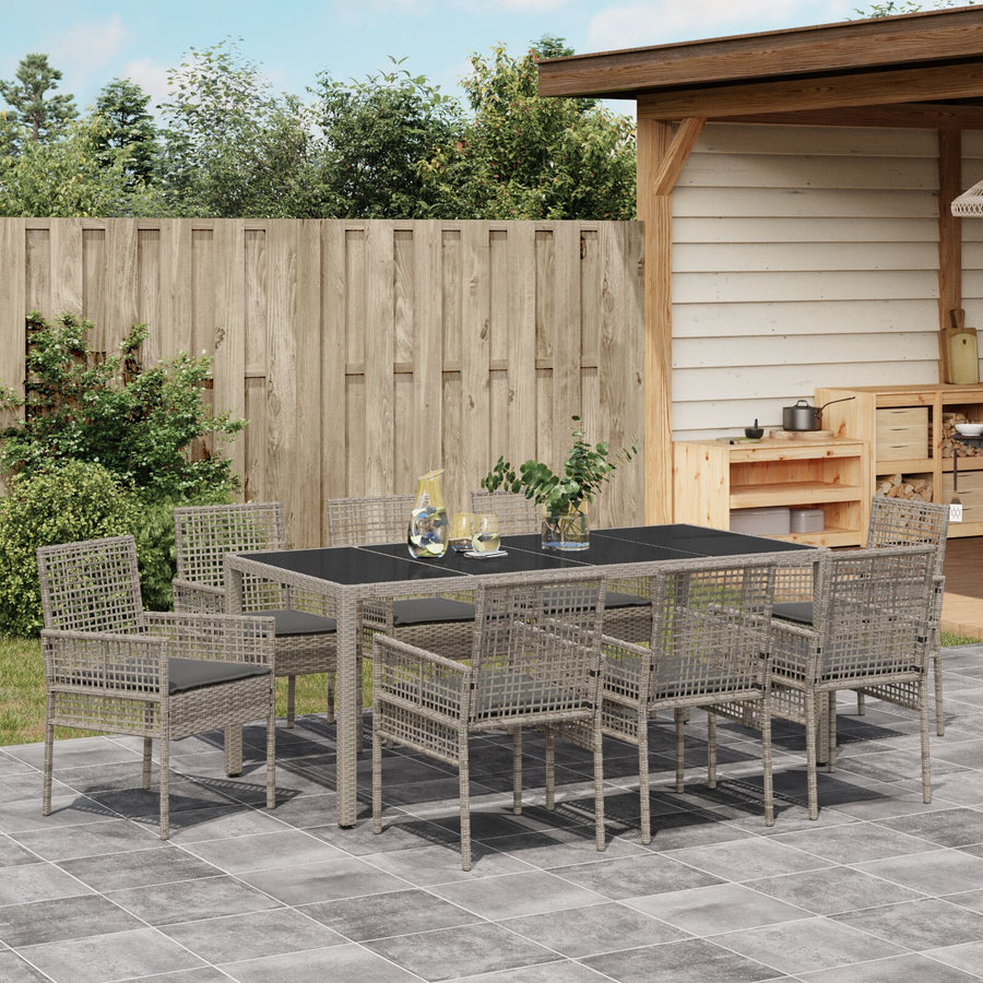 9-Delige Tuintafelset Met Kussens Grijs Poly Rattan