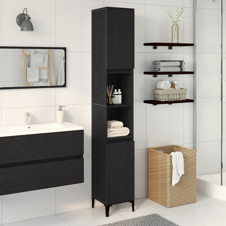 Badkamerkast Zwart Eiken 30X30X190 Cm Bewerkt Hout