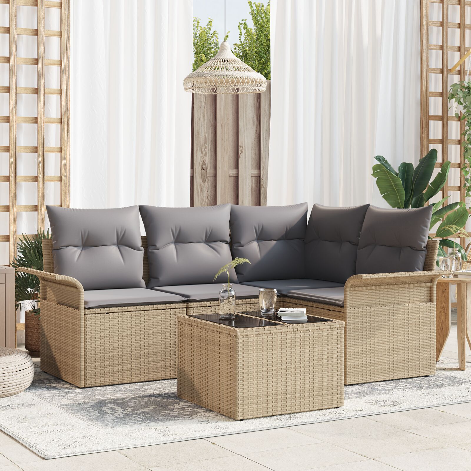 5-Delige Tuinbankset Met Kussens Zwart Poly Rattan