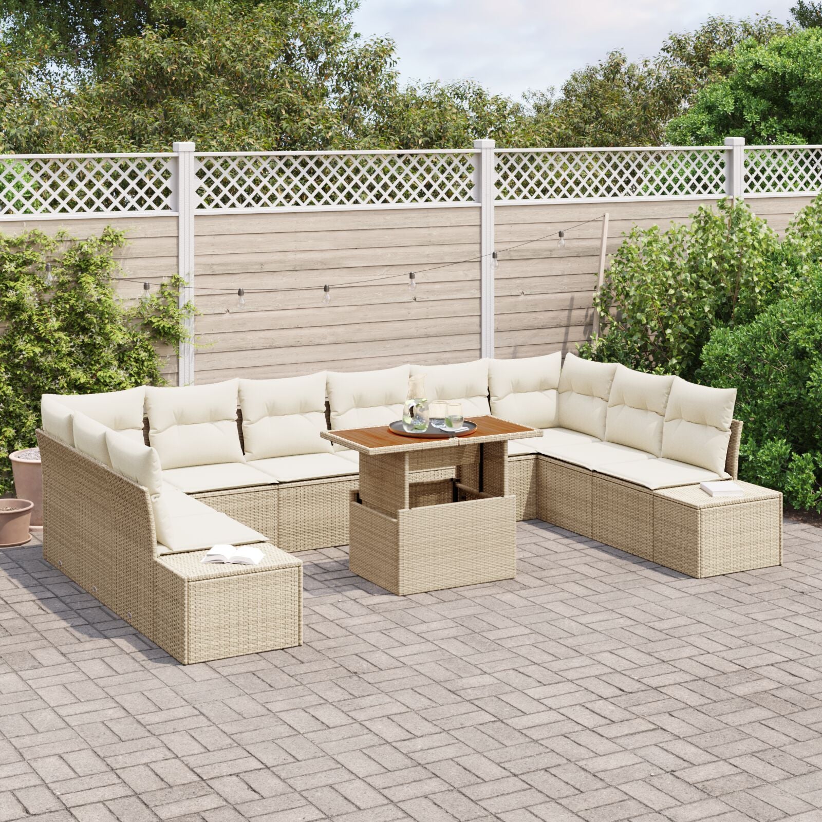 Tuin Sofa Set Set Van 11 Beige Riet, Polyester Tuin Eetset